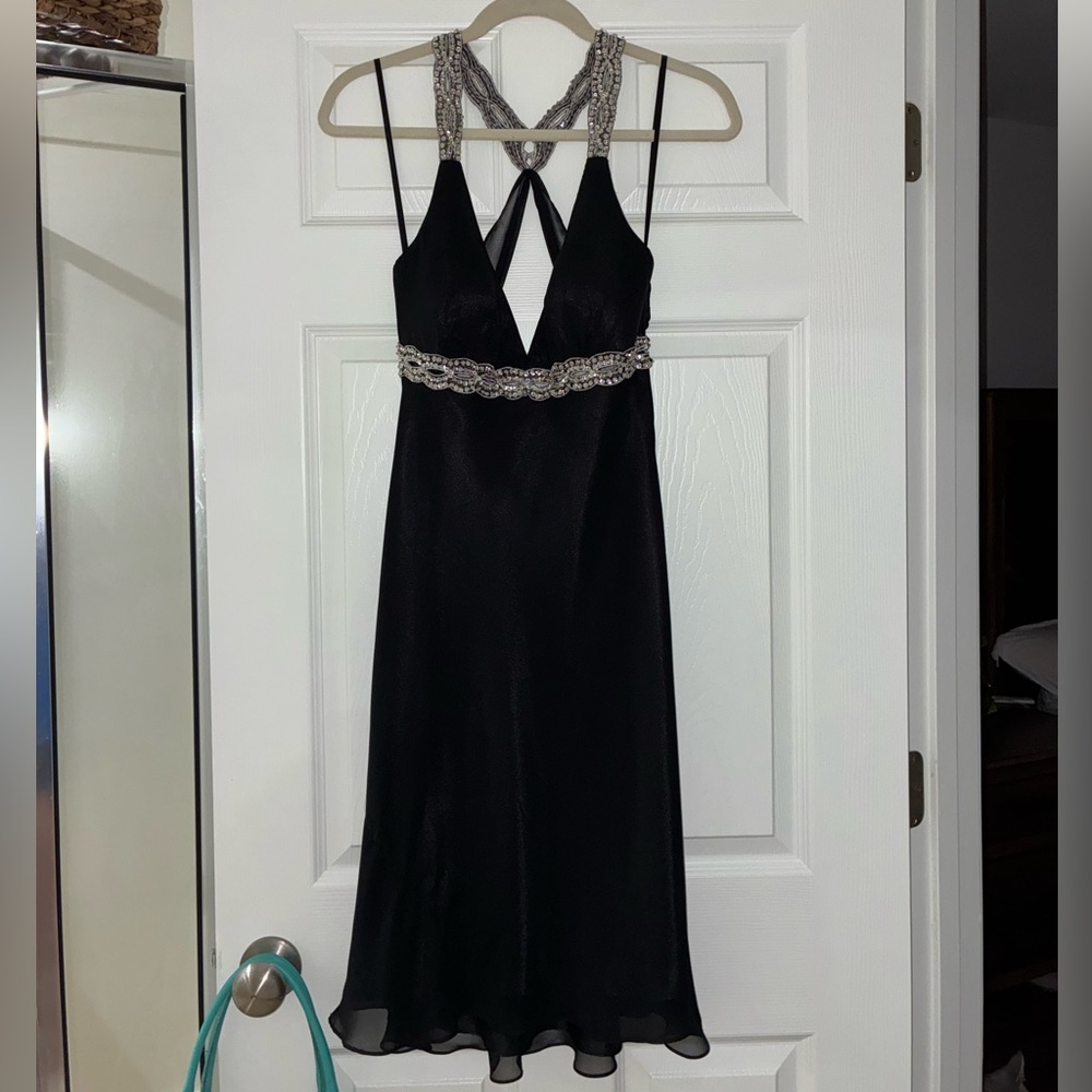 Betsy & Adam Black Backless Dress with Silver Accents